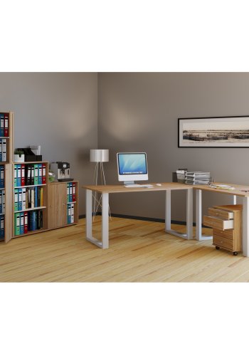 Lona U-foot hjrne skrivebord - naturlig tre og hvitt metall (220x220x80)