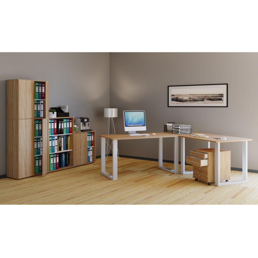 Lona U-foot hjrne skrivebord - naturlig tre og hvitt metall (220x220x80)