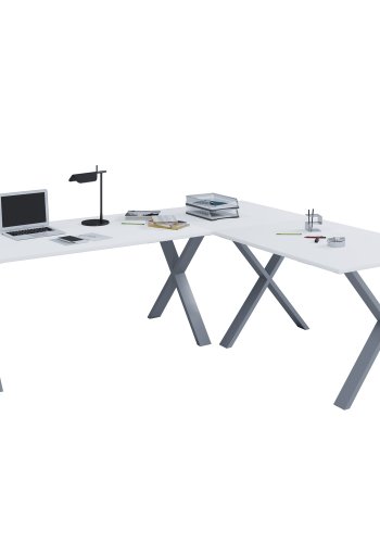 Eckschreibtisch Lona X-feet - weißes Holz und silbergraues Metall (160x130x50)