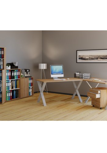 Eckschreibtisch Lona X-feet - Naturholz und silbergraues Metall (160x130x50)