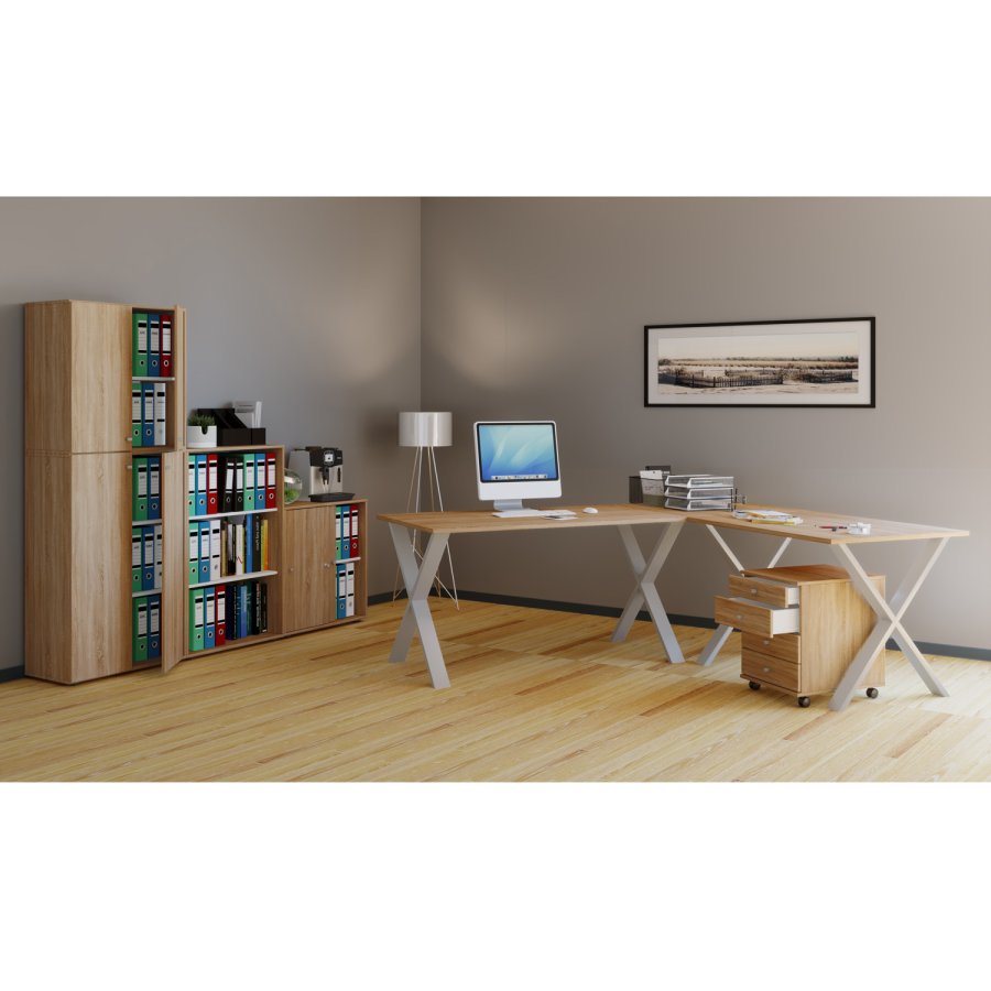 Eckschreibtisch Lona X-feet - Naturholz und silbergraues Metall (160x130x50)