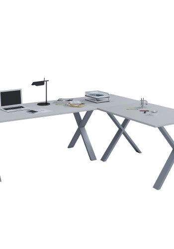 Lona X-feet hjrne skrivebord - grtt tre og slvgr metall (160x130x50)