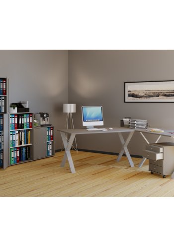 Lona X-feet hjrne skrivebord - grtt tre og slvgr metall (160x130x50)