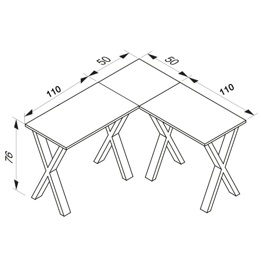 Lona X-feet hjrne skrivebord - hvitt tre og slvgr metall (160x160x50)