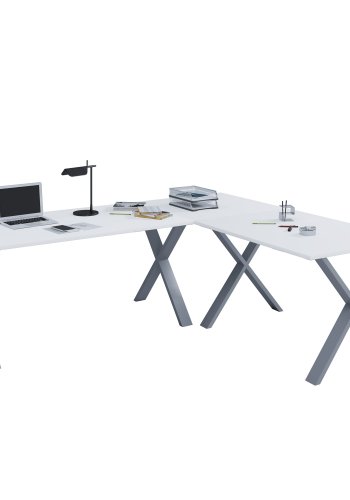 Lona X-feet hjrne skrivebord - hvitt tre og slvgr metall (160x160x50)