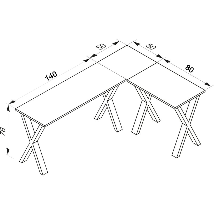 Lona X-feet hjrne skrivebord - naturlig tre og slvgr metall (190x130x50)