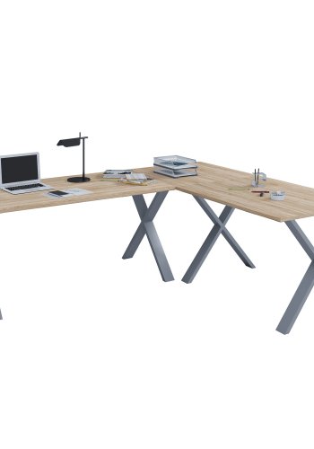 Lona X-feet hjrne skrivebord - naturlig tre og slvgr metall (190x130x50)