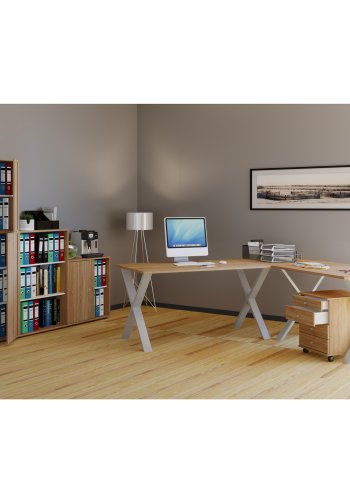 Lona X-feet hjrne skrivebord - naturlig tre og slvgr metall (190x130x50)