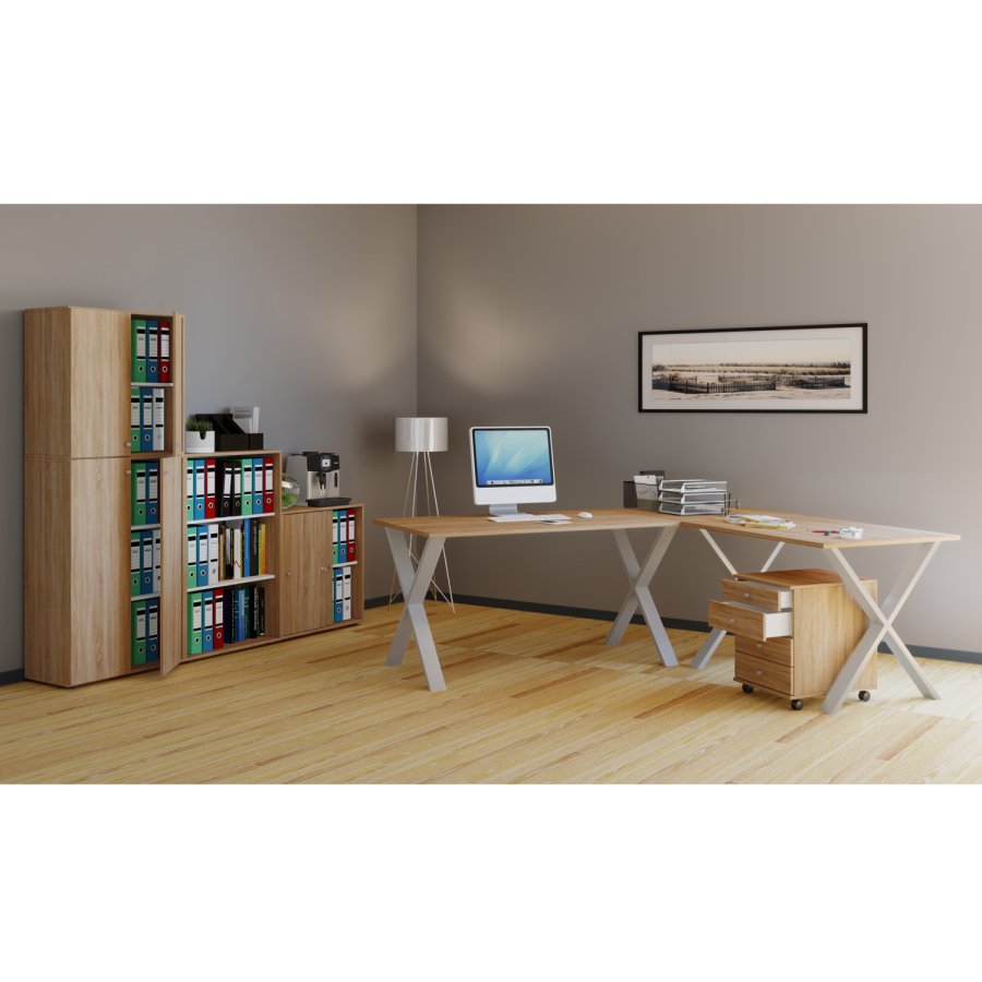 Lona X-feet hjrne skrivebord - naturlig tre og slvgr metall (190x130x50)