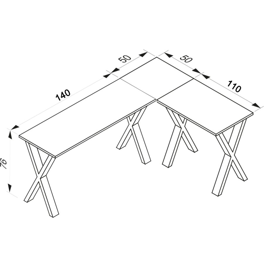 Lona X-feet hjrne skrivebord - hvitt tre og slvgr metall (190x160x50) 