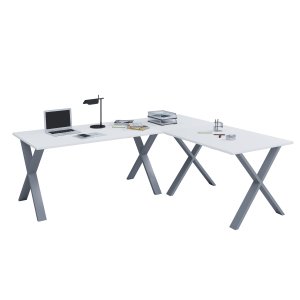 Lona X-feet hjrne skrivebord - hvitt tre og slvgr metall (190x160x50) 