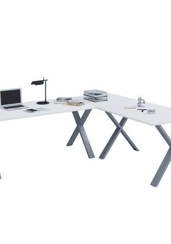 Lona X-feet hjrne skrivebord - hvitt tre og slvgr metall (190x160x50) 