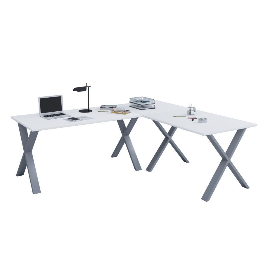 Lona X-feet hjrne skrivebord - hvitt tre og slvgr metall (190x160x50) 