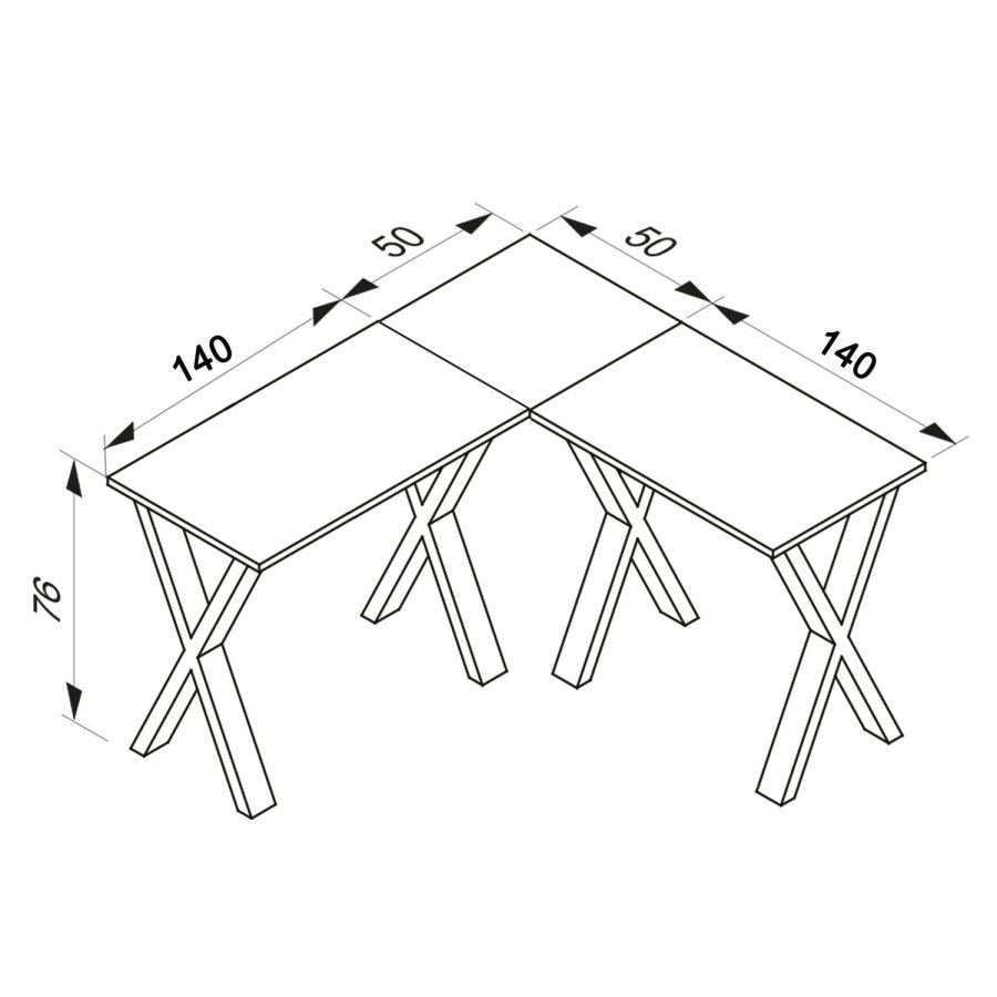 Lona X-feet hjrne skrivebord - hvitt tre og slvgr metall (190x190x50)