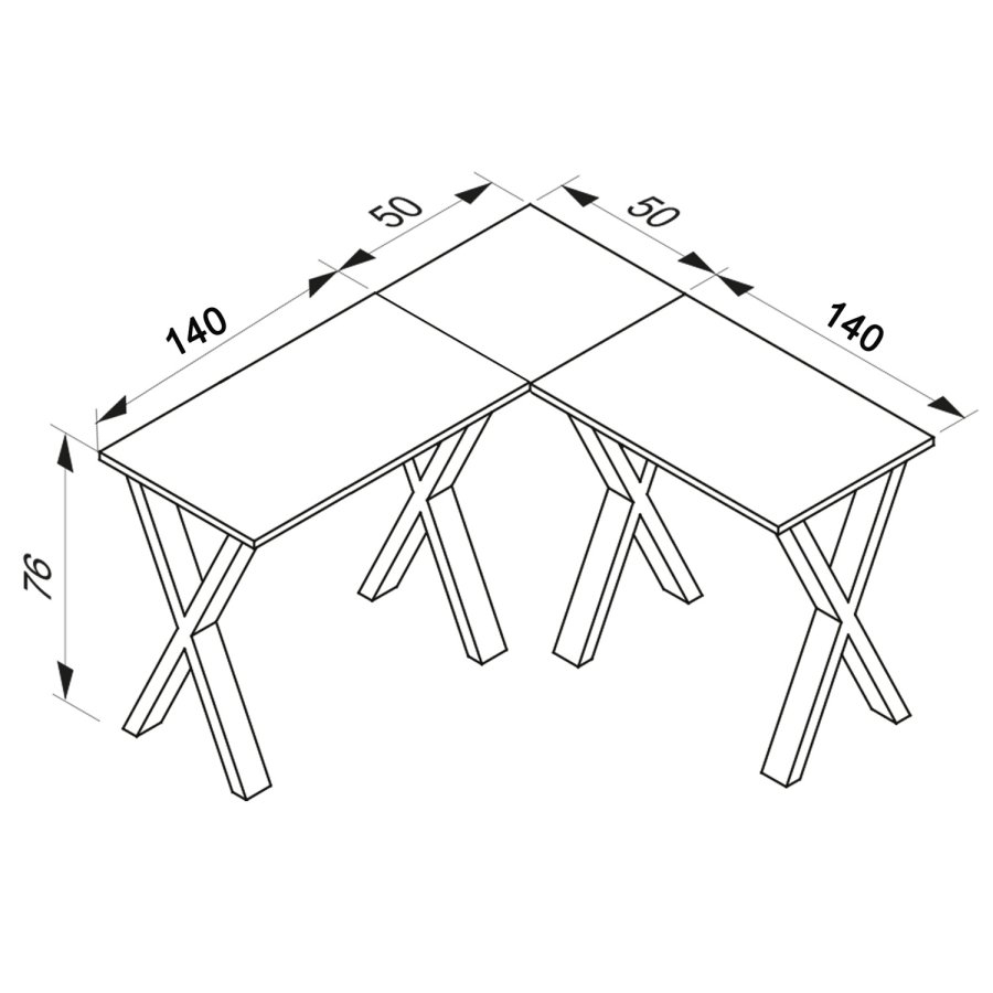 Lona X-feet hjrne skrivebord - naturlig tre og slvgr metall (190x190x50)