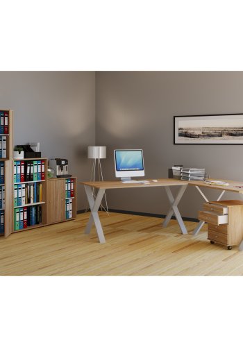 Lona X-feet hjrne skrivebord - naturlig tre og slvgr metall (160x160x80) 