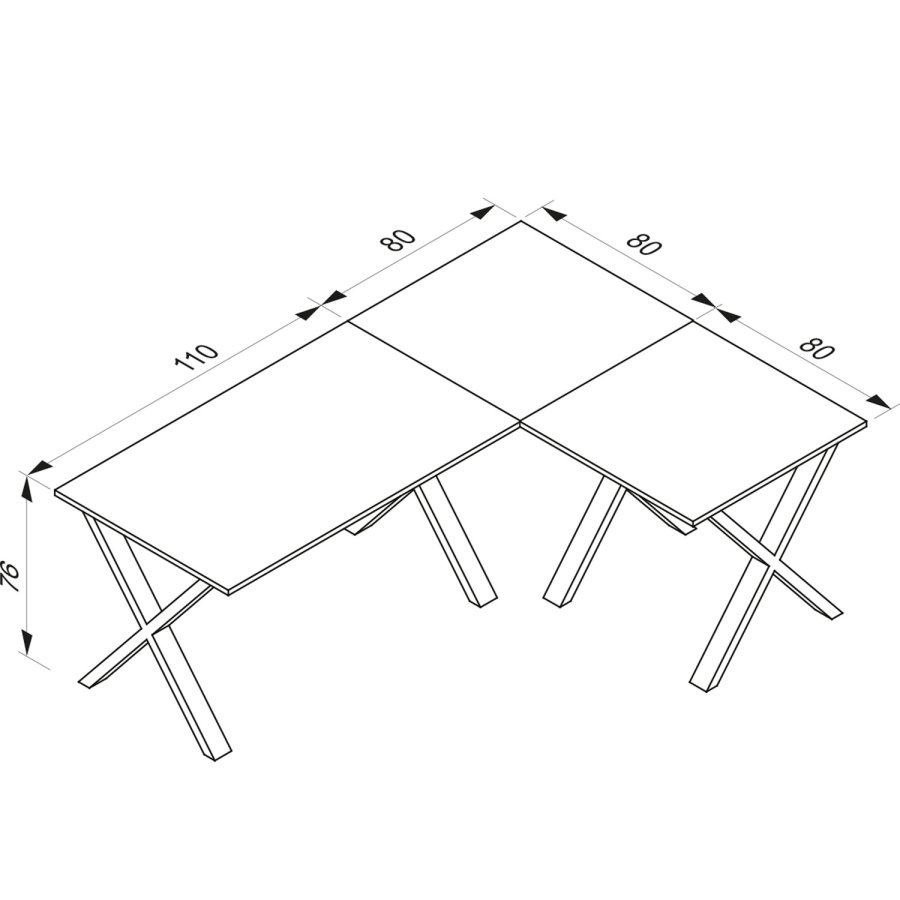 Lona X-feet hjrne skrivebord - hvitt tre og slvgr metall (190x160x80)