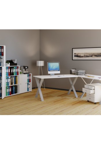 Lona X-feet hjrne skrivebord - hvitt tre og slvgr metall (190x160x80)