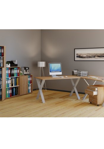 Lona X-feet hjrne skrivebord - naturlig tre og slvgr metall (190x160x80)