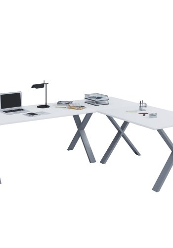 Eckschreibtisch Lona mit X-Füßen - weißes Holz und silbernes Metall (220x160x80)