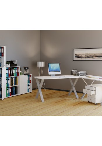 Eckschreibtisch Lona mit X-Füßen - weißes Holz und silbernes Metall (220x160x80)