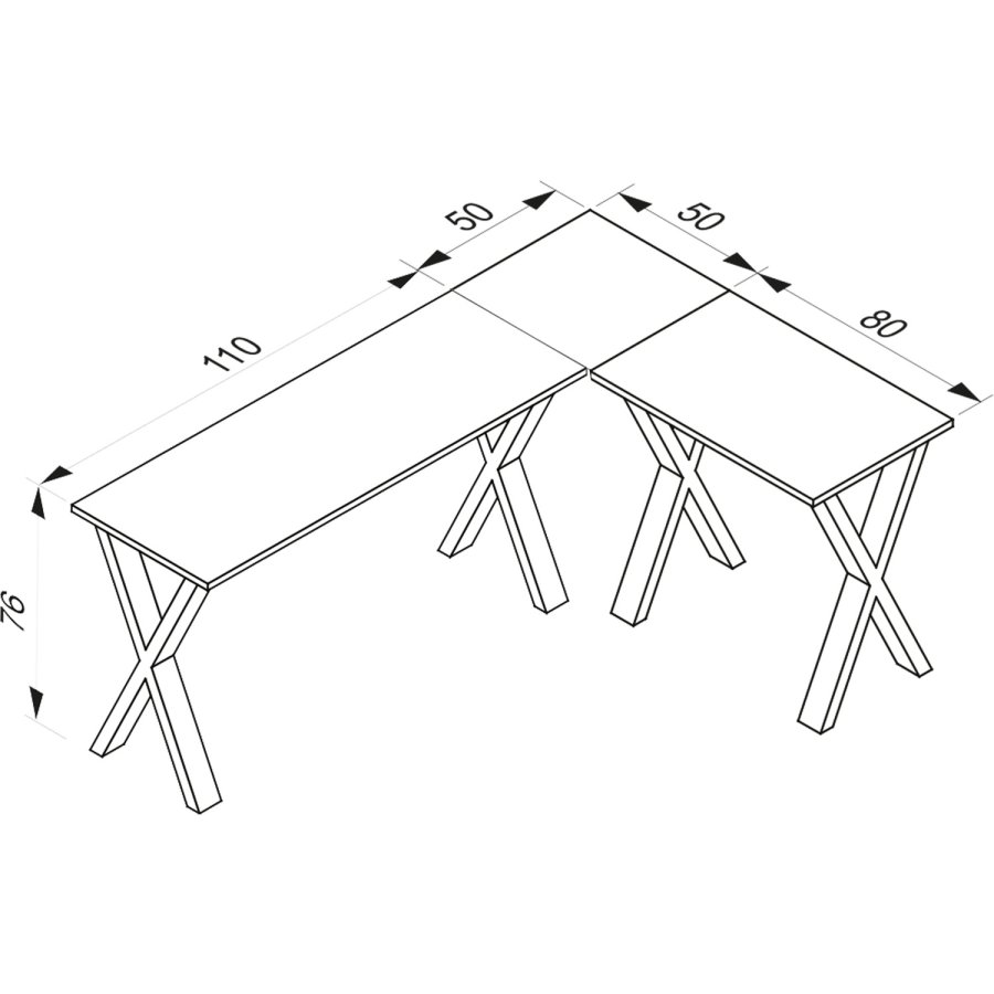 Eckschreibtisch Lona mit X-Füßen - weißes Holz und schwarzes Metall (160x130x50)