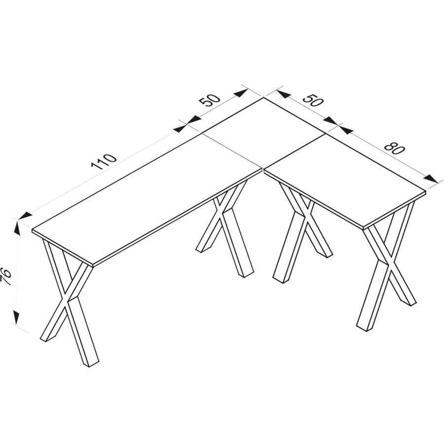 Eckschreibtisch Lona mit X-Füßen – Naturholz und schwarzes Metall (160 x 130 x 50)