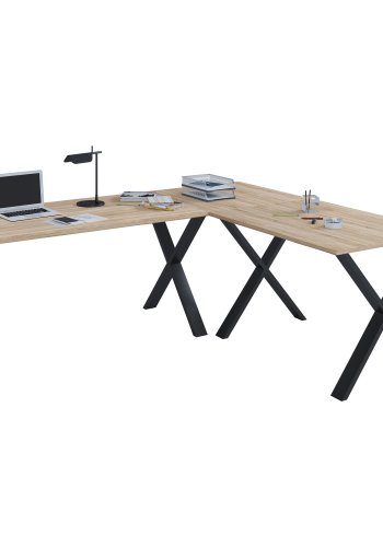 Eckschreibtisch Lona mit X-Füßen – Naturholz und schwarzes Metall (160 x 130 x 50)