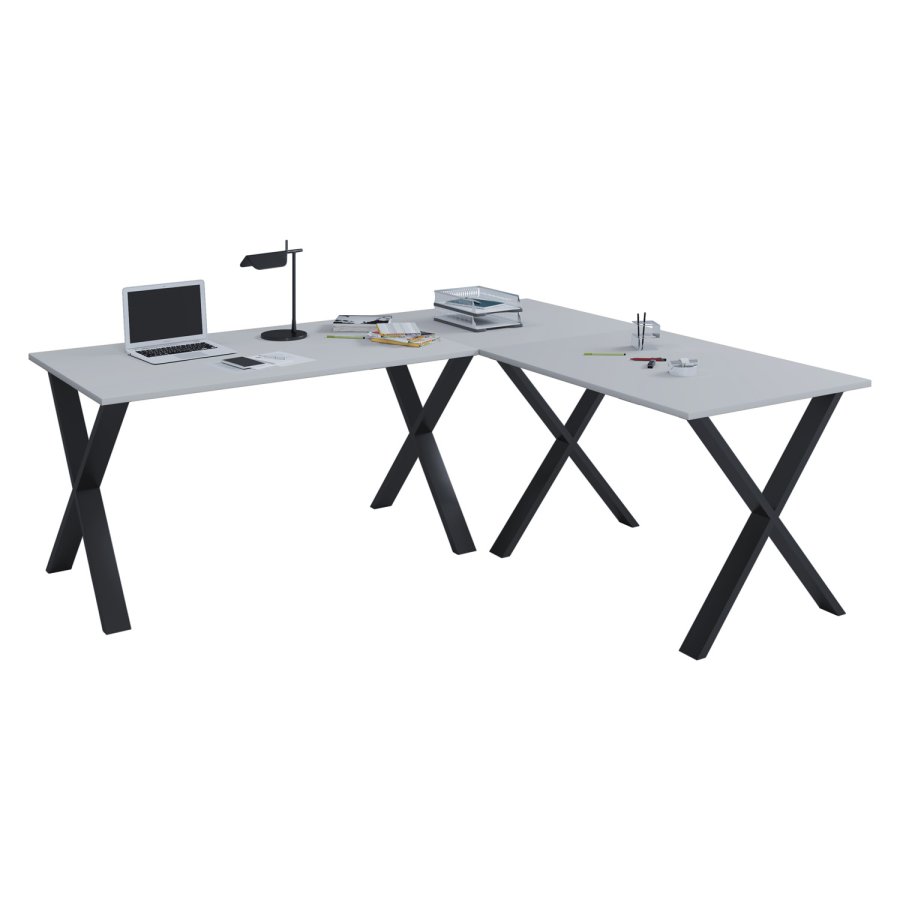 Lona X-feet hjrne skrivebord - grtt tre og svart metall (160x130x50)