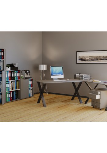 Lona X-feet hjrne skrivebord - grtt tre og svart metall (160x130x50)