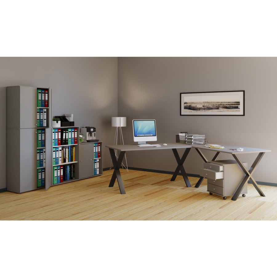 Lona X-feet hjrne skrivebord - grtt tre og svart metall (160x130x50)