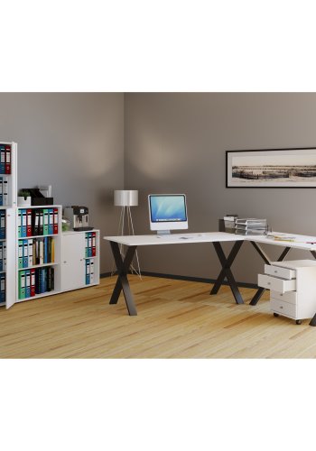 Lona X-feet skrivebord - hvitt tre og svart metall (160x160x50) 