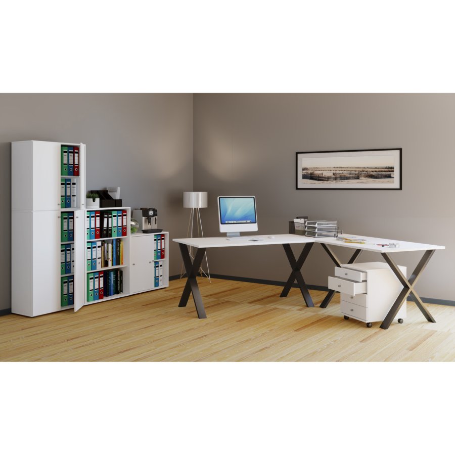 Lona X-feet skrivebord - hvitt tre og svart metall (160x160x50) 