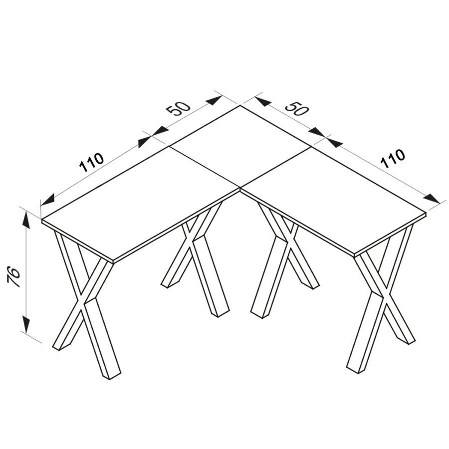 Lona X-feet hjrne skrivebord - naturlig tre og svart metall (160x160x50)