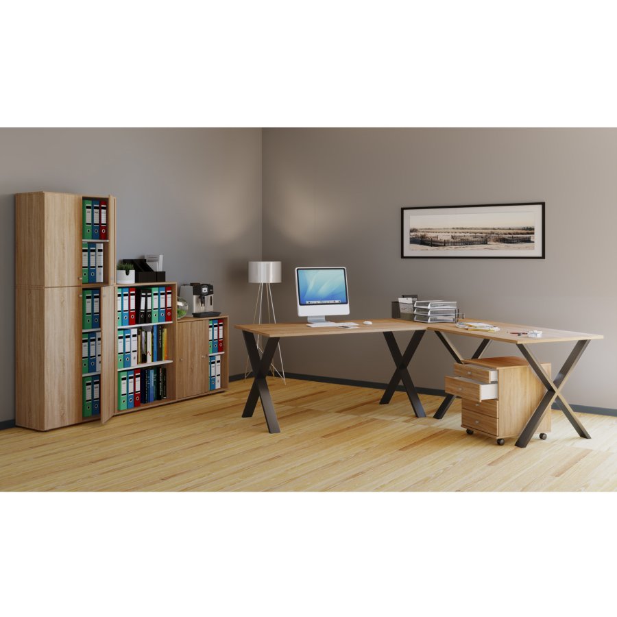 Lona X-feet hjrne skrivebord - naturlig tre og svart metall (160x160x50)