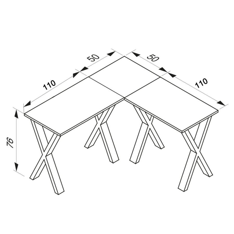 Lona X-feet hjrne skrivebord - grtt tre og svart metall (160x160x50)