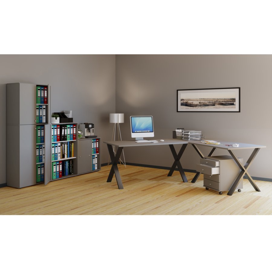 Lona X-feet hjrne skrivebord - grtt tre og svart metall (160x160x50)