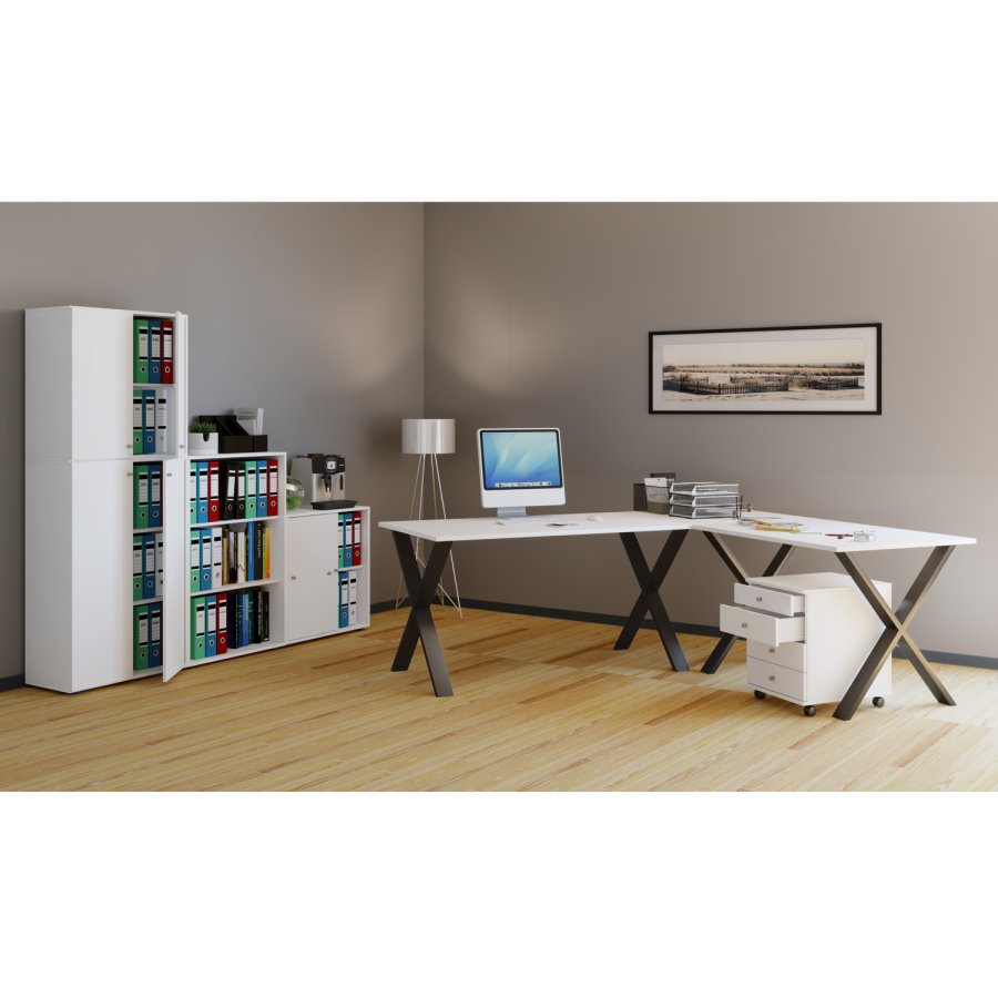 Lona X-feet skrivebord - hvitt tre og svart metall (190x130x50) 