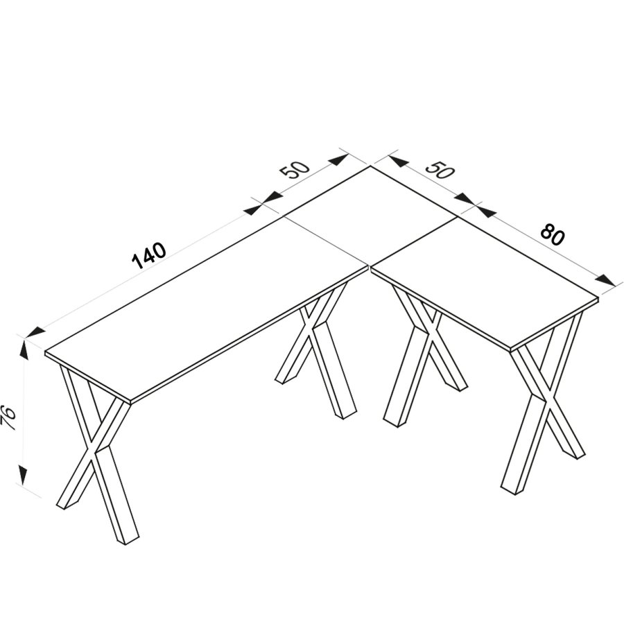 Eckschreibtisch Lona mit X-Füßen – Naturholz und schwarzes Metall (190 x 130 x 50)
