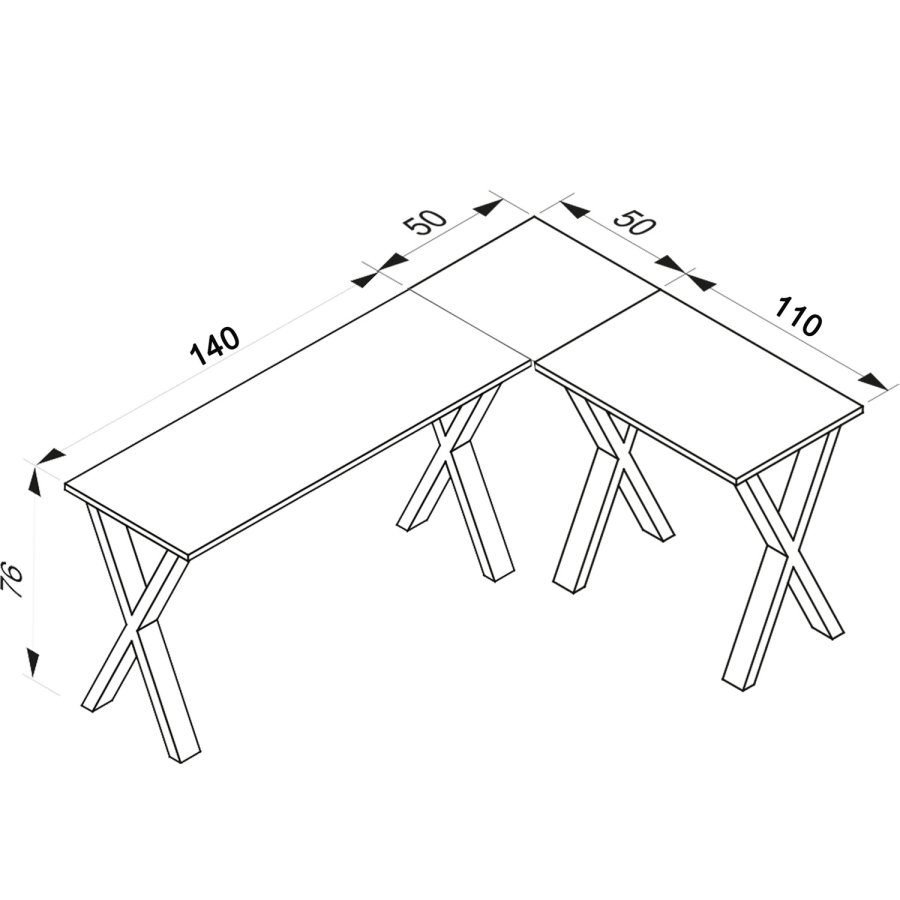 Eckschreibtisch Lona mit X-Füßen - weißes Holz und schwarzes Metall (190x160x50)