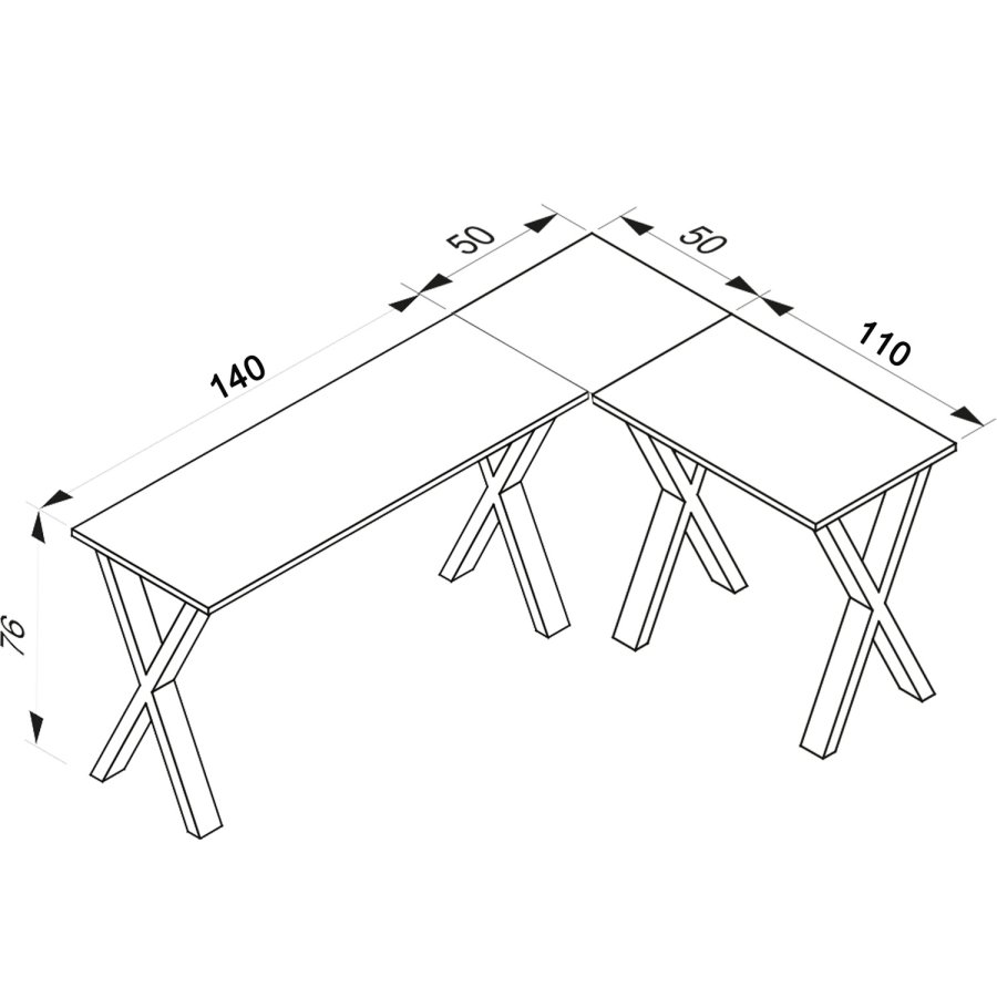 Lona X-feet hjrne skrivebord - naturlig tre og svart metall (190x160x50)
