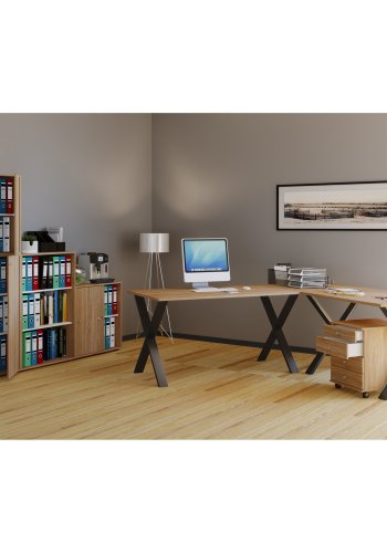 Lona X-feet hjrne skrivebord - naturlig tre og svart metall (190x160x50)