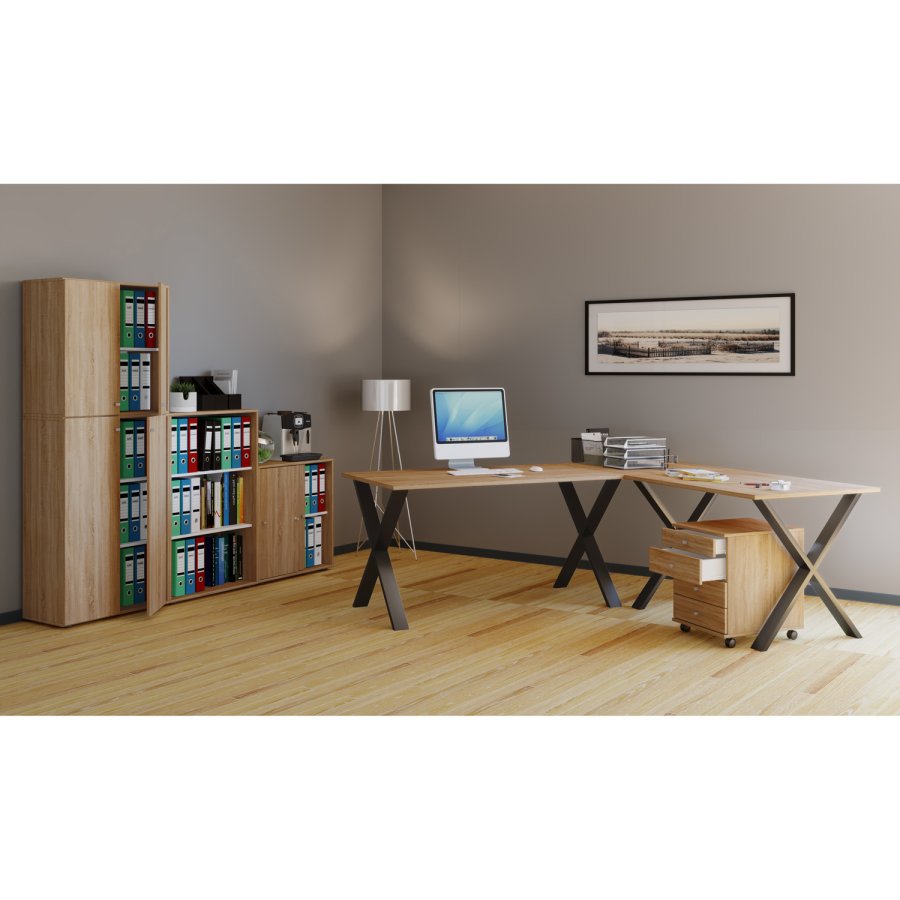 Lona X-feet hjrne skrivebord - naturlig tre og svart metall (190x160x50)