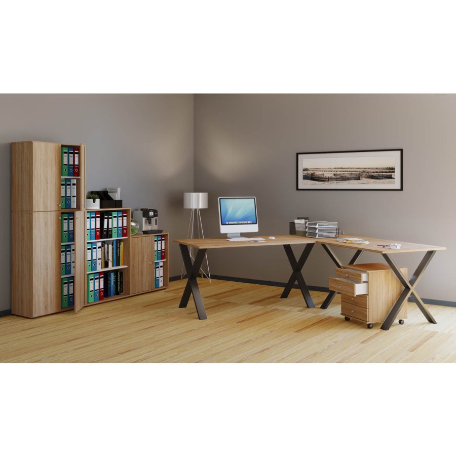 Eckschreibtisch Lona mit X-Füßen – Naturholz und schwarzes Metall (190 x 190 x 50)