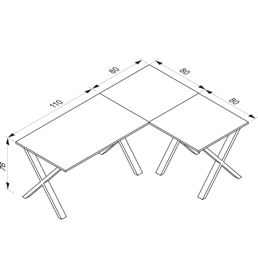 Eckschreibtisch Lona mit X-Füßen - Naturholz und schwarzes Metall (190x160x80)