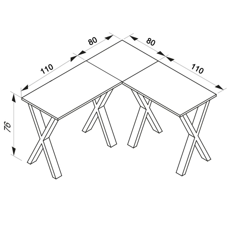 Eckschreibtisch Lona mit X-Füßen - weißes Holz und schwarzes Metall (190x190x80)