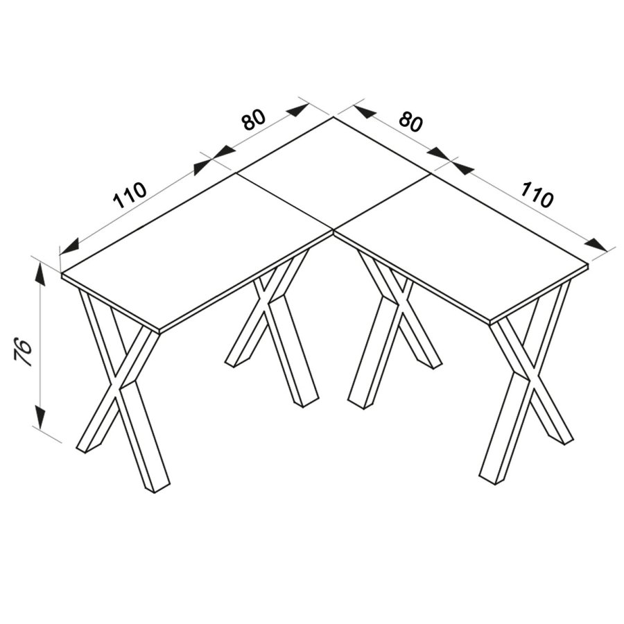 Eckschreibtisch Lona mit X-Füßen - Naturholz und schwarzes Metall (190x190x80)