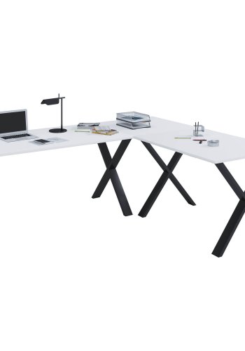 Eckschreibtisch Lona mit X-Füßen - weißes Holz und schwarzes Metall (220x160x80)
