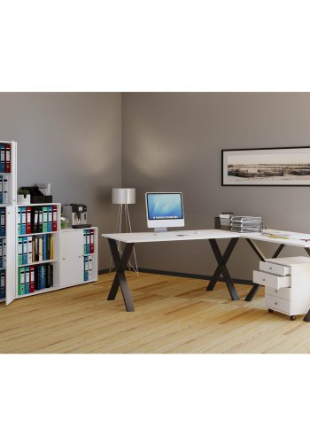 Eckschreibtisch Lona mit X-Füßen - weißes Holz und schwarzes Metall (220x160x80)