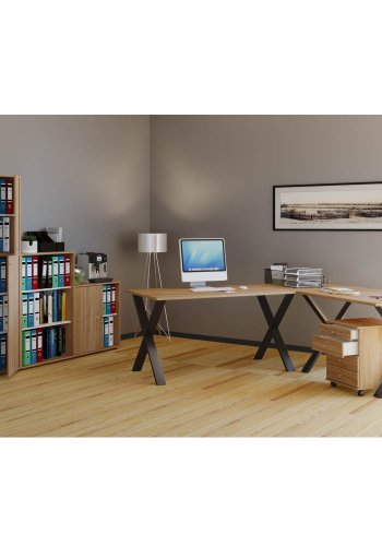 Eckschreibtisch Lona mit X-Füßen – Naturholz und schwarzes Metall (220 x 160 x 80)